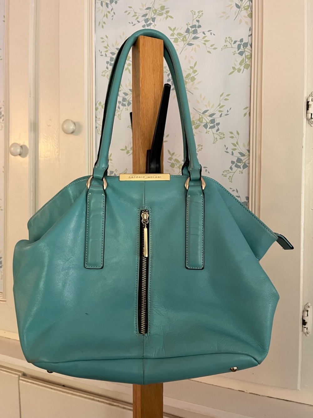 ANTONIO MELANI Turquoise Leather Zip-Front Tote